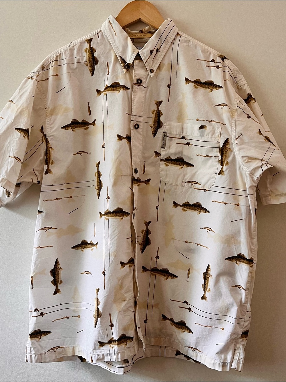 Vintage 90s Columbia Fishing Print 100% Cotton Button Down Shirt Men’s XL (EUC)